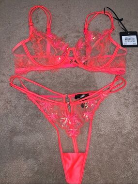Honey Birdette Neon Coral Lace Underwire Bra & Thong Lola Set